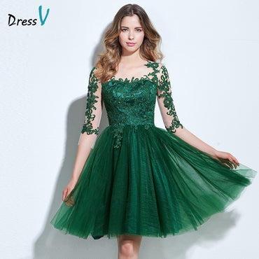 Dressv scoop neck A-line cocktail dress green appliques 3/4 length sleeves button knee-length cocktail dress formal party dress