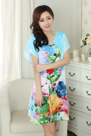 New Arrival Blue Chinese Women Cotton Nightdress Summer Short Sleeve Sleepwear Floral Home Dress Robe Gown One Size S0125