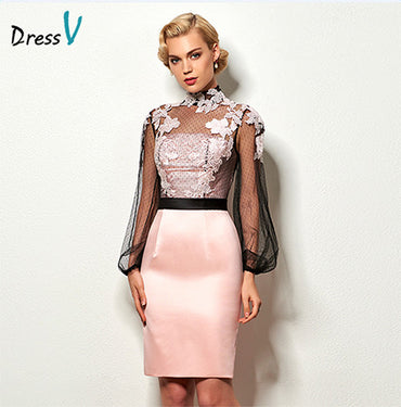 Dressv light pink short cocktail dress high neck long sleeves appliques button knee length cocktail dresses formal party dress
