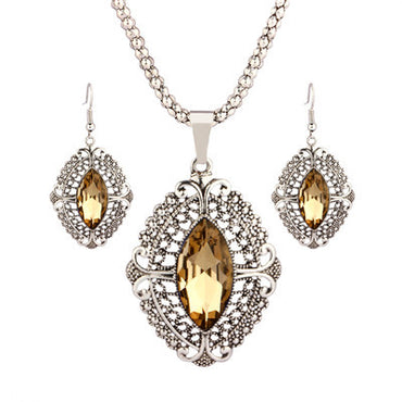 VIVILADY Retro Zinc Alloy Geometric Crystal Wedding Bridal Jewelry Sets Women Pendants Necklaces Earrings Accessories Party Gift