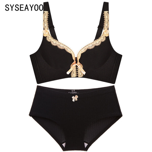 Deep V sexy lace gather type small chest underwear adjustment ring bra cup thick gather bra set