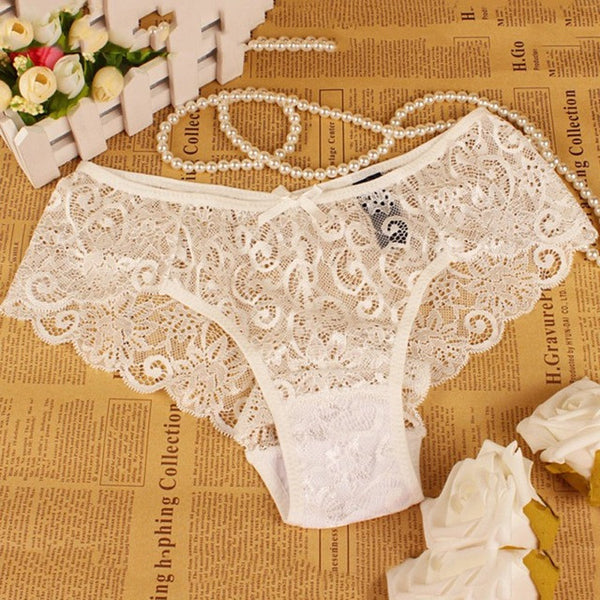 Women's Sexy Full Lace Panties High-Crotch Transparent Floral Bow Soft Briefs Underwear Culotte