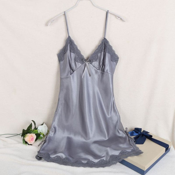 Sexy Silk Satin Night Dress Ladies Sleeveless V-neck Nightgown Lace Women Sleepwear