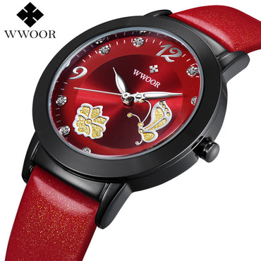 New Top Brand Flower Butterfly Genuine Leather montre femme Casual Dress Watch Ladies Wrist Quartz Watch Women Watches Red Clock