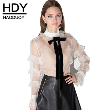 HDY Haoduoyi Sexy white Semi sheer Top Female Long sleeve Women  Shirts Tops Tie Bow Ruffles Party Blouses for wholesale