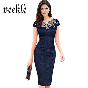 Elegant Dresses Floral Print Women Vintage Office Dress Work Blue Slim Sexy Beautiful Embroidery Lace Neck High Quality 5 Colors