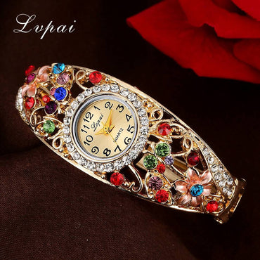 Lvpai Fashion Women Watch Classic Alloy Crystal Bracelet Flower Wristwatches Women Dress Watches Casual Gift Quartz Watch