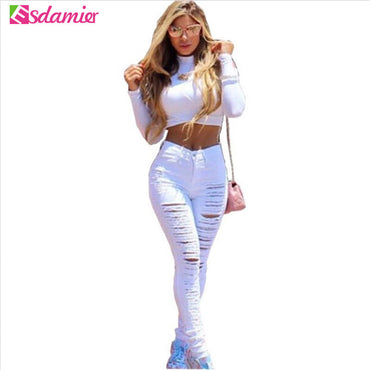 Fashion Ripped Jeans High Waist Skinny Jeans Stretchy Destroyed Women Pants Trousers Sexy Hole Jeans Woman White Pencil Jean