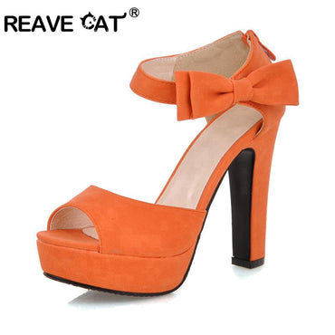 REAVE CAT New summer Peep toe Ankle strap orange Sweet high heel Sandals Platform Lady shoes Bowtie 4 Colors Spike heels