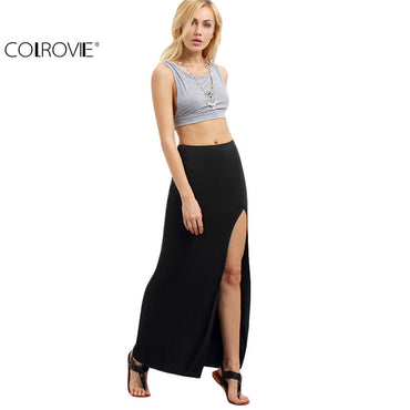 COLROVIE Women Black Split Maxi Skirts New Arrival 2017 Sexy Summer Style Womens Fitness Casual Long Skirt