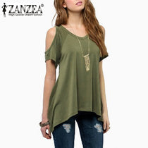 ZANZEA New Summer Style 2017 Women Off Shoulder Round Neck Short Sleeve Blouses Casual Loose Tops Off Shoulder Shirts Plus Size