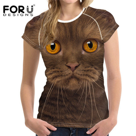 FORUDESIGNS Black Cat Printing Women T Shirt 3D Cat Dog T-Shirt Casual Female Round Neck Short Sleeve Fashion Tops Tee Shirts