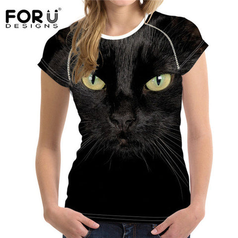 FORUDESIGNS Black Cat Printing Women T Shirt 3D Cat Dog T-Shirt Casual Female Round Neck Short Sleeve Fashion Tops Tee Shirts