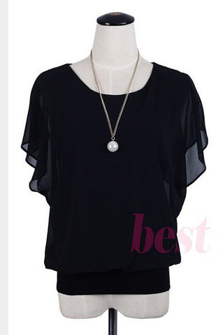 New Womens Tops Fashion 2017 Women Summer Chiffon Blouse Plus Size Ruffle Batwing Short Sleeve Casual Shirt Black White Red Blue