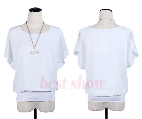 New Womens Tops Fashion 2017 Women Summer Chiffon Blouse Plus Size Ruffle Batwing Short Sleeve Casual Shirt Black White Red Blue