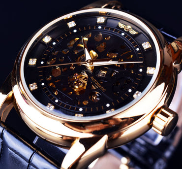 Winner Royal Diamond Design Black Gold Watch Montre Homme Mens Watches Top Brand Luxury Relogio Male Skeleton Mechanical Watch