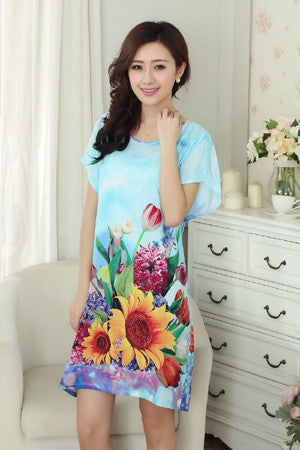 New Arrival Blue Chinese Women Cotton Nightdress Summer Short Sleeve Sleepwear Floral Home Dress Robe Gown One Size S0125