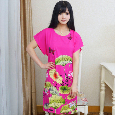 New Arrival Blue Chinese Women Cotton Nightdress Summer Short Sleeve Sleepwear Floral Home Dress Robe Gown One Size S0125