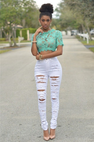 Fashion Ripped Jeans High Waist Skinny Jeans Stretchy Destroyed Women Pants Trousers Sexy Hole Jeans Woman White Pencil Jean