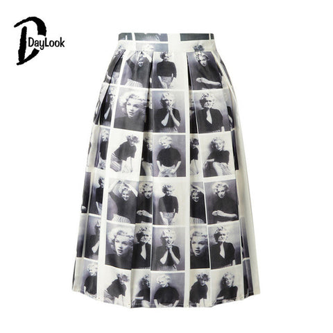 DayLook Summer Pleated Skater Skirt Vintage Monroe Print Tutu Midi Skirt Elegant Knee-Length Plaid Skirts Womens Saia Faldas