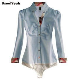 New 2017 Women Fashion Casual OL Long Sleeve Button Body Shirt Blouse Solid Color Bluas Blue White S-M-L-XL SY0073