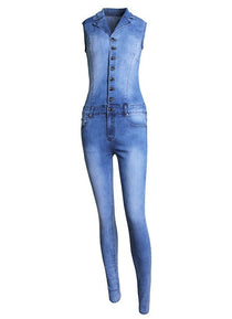 women catsuit Jumpsuits jeans Pants long pants Ladies sexy jeans long sexy sleeveless deep V collar blue slim style.JN52