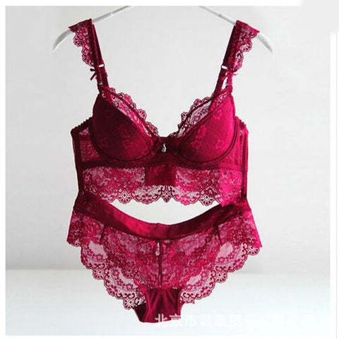 Newest Winter Wine Red Lace Bra Adjustment Ultra-thin Side Gathering Push Up Women's Bra Briefs Set Sexy Lace Underwear bra