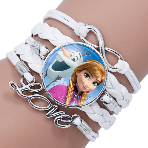 Fashion Elsa Anna Princess Portrait Glass Cabochon Infinity Love Leather Bracelet For Girls Women Movie Accessories Jewelry Gift