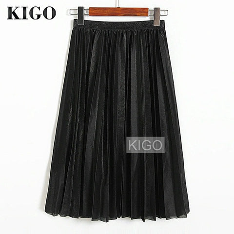 KIGO 2016 Women Metallic Silver Skirt Midi Skirt High Waist Metallic Pleated Skirt Party Club Ladies Saia Fenimias KZ2087H