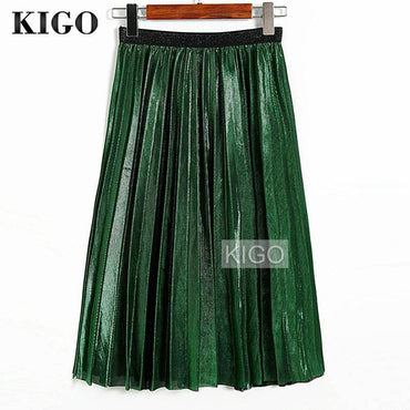 KIGO 2016 Women Metallic Silver Skirt Midi Skirt High Waist Metallic Pleated Skirt Party Club Ladies Saia Fenimias KZ2087H