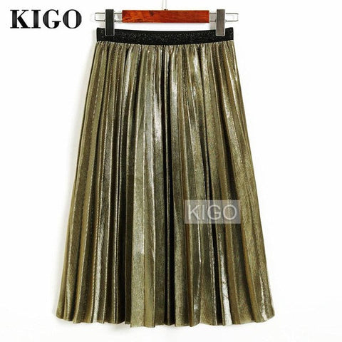 KIGO 2016 Women Metallic Silver Skirt Midi Skirt High Waist Metallic Pleated Skirt Party Club Ladies Saia Fenimias KZ2087H