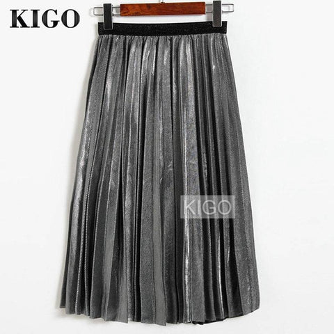 KIGO 2016 Women Metallic Silver Skirt Midi Skirt High Waist Metallic Pleated Skirt Party Club Ladies Saia Fenimias KZ2087H