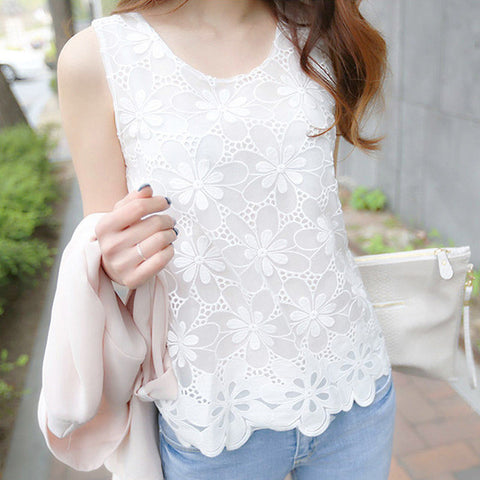 Plus Size Women Summer Sexy Blouse Shirt Elegant Sleeveless V Neck White Crochet Lace Shirt Tank Tops Women Blusas Camisa Vest