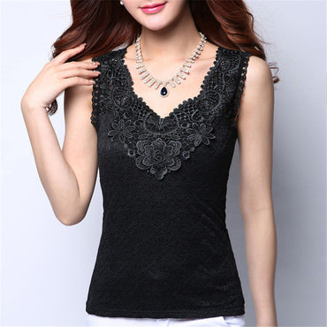 Plus Size Women Summer Sexy Blouse Shirt Elegant Sleeveless V Neck White Crochet Lace Shirt Tank Tops Women Blusas Camisa Vest