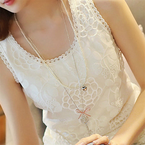 Plus Size Women Summer Sexy Blouse Shirt Elegant Sleeveless V Neck White Crochet Lace Shirt Tank Tops Women Blusas Camisa Vest