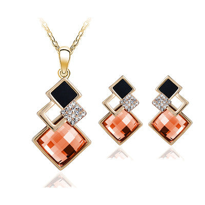 Free shipping Women Jewelry Sets Fashion Big Square Shpae Austrian Crystal Necklace Earrings Set Bridal Jewelry Gift T13