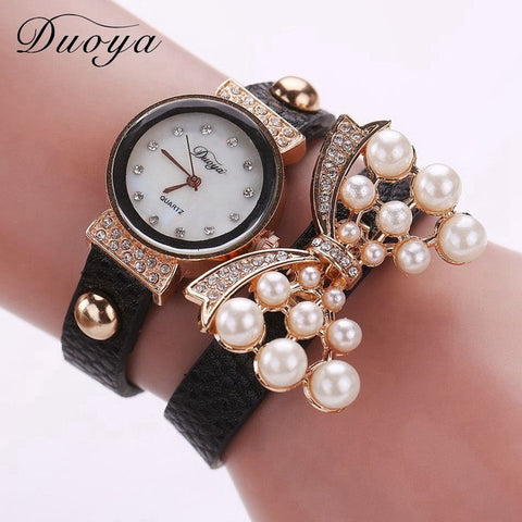 Duoya Brand Watches Women Luxury Bow Pearl Bracelet Wristwatch Women Fashion  Leather Electronics Watch XR536