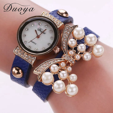 Duoya Brand Watches Women Luxury Bow Pearl Bracelet Wristwatch Women Fashion  Leather Electronics Watch XR536