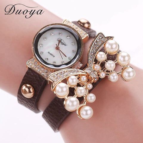 Duoya Brand Watches Women Luxury Bow Pearl Bracelet Wristwatch Women Fashion  Leather Electronics Watch XR536