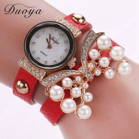 Duoya Brand Watches Women Luxury Bow Pearl Bracelet Wristwatch Women Fashion  Leather Electronics Watch XR536