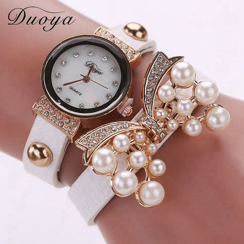 Duoya Brand Watches Women Luxury Bow Pearl Bracelet Wristwatch Women Fashion  Leather Electronics Watch XR536