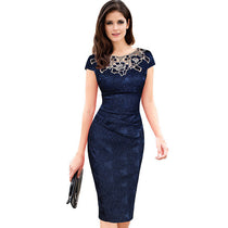 Elegant Dresses Floral Print Women Vintage Office Dress Work Blue Slim Sexy Beautiful Embroidery Lace Neck High Quality 5 Colors