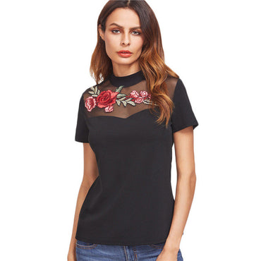 SheIn T-shirt Women Casual T-shirt Women Black Embroidered Rose Applique Mesh Neck Short Sleeve Vintage T-shirt