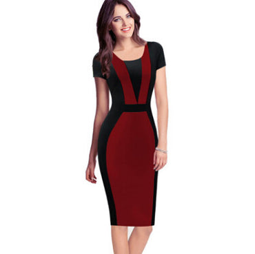 Womens Elegant Sexy O-neck Short Sleeve Pinup Patchwork Bandage Bodycon Office Dress Knee-length Pencil Dress Wear to Work