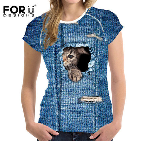 FORUDESIGNS Black Cat Printing Women T Shirt 3D Cat Dog T-Shirt Casual Female Round Neck Short Sleeve Fashion Tops Tee Shirts