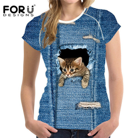 FORUDESIGNS Black Cat Printing Women T Shirt 3D Cat Dog T-Shirt Casual Female Round Neck Short Sleeve Fashion Tops Tee Shirts