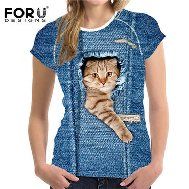 FORUDESIGNS Black Cat Printing Women T Shirt 3D Cat Dog T-Shirt Casual Female Round Neck Short Sleeve Fashion Tops Tee Shirts