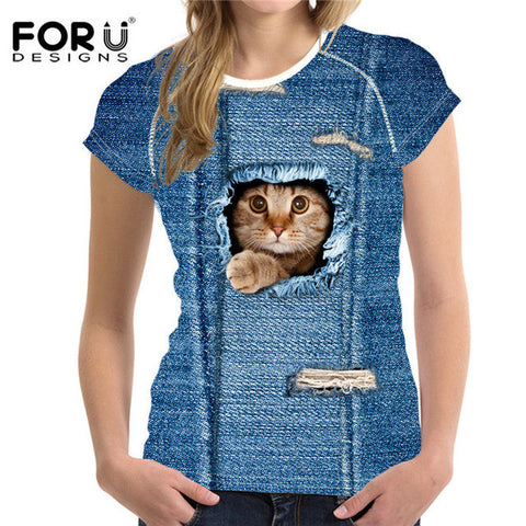 FORUDESIGNS Black Cat Printing Women T Shirt 3D Cat Dog T-Shirt Casual Female Round Neck Short Sleeve Fashion Tops Tee Shirts