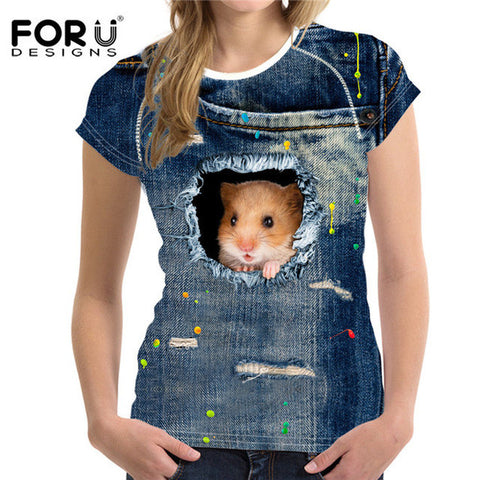 FORUDESIGNS Black Cat Printing Women T Shirt 3D Cat Dog T-Shirt Casual Female Round Neck Short Sleeve Fashion Tops Tee Shirts