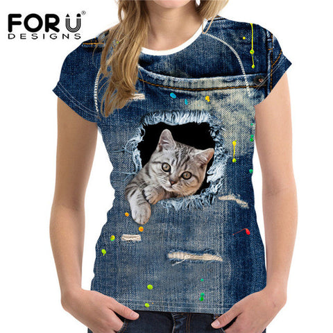 FORUDESIGNS Black Cat Printing Women T Shirt 3D Cat Dog T-Shirt Casual Female Round Neck Short Sleeve Fashion Tops Tee Shirts